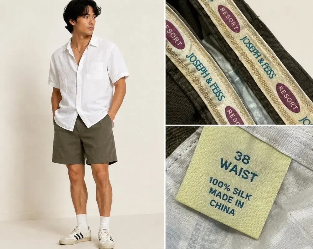 Resort Coastal Joseph & Feiss Men's Pleated Silk Shorts Size 38 Olive Green